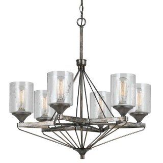 Cal Lighting FX 3538/6 Chandelier with Clear Seeded Glass Shades, Textured Steel Finish    