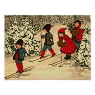 Children skiing, a vintage winter scene posters