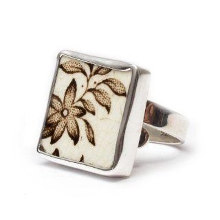 Vintage Gustavsberg Porcelain (Asiatic Pheasants Pattern) and 925 Sterling Silver Ring, Mahogany Flower Design (Square), Adjustable Sizing Jewelry