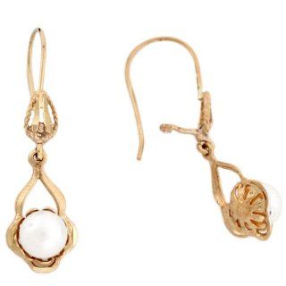 14k Real Yellow Gold Pearl Round Drop Designer Womens Hook Earrings Jewelry