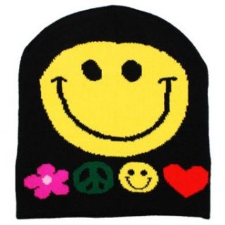 Luxury Divas Big Smiley Face On Black Beanie Cap W/ Hearts & Flowers Novelty Knit Caps Clothing