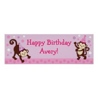 Party Girl Monkey Personalized Birthday Banner Poster