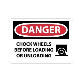 NMC D485AB OSHA Sign, Legend "DANGER   CHOCK WHEELS BEFORE LOADING OR UNLOADING", 14" Length x 10" Height, Aluminum, Red/Black on White Industrial Warning Signs