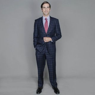 Men's Navy Windowpane 2 button Suit Suits