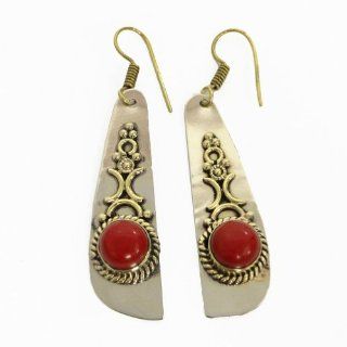 Ethnic Two Tone Red Coral Stone Metal Dangle Party Wear Earring Set Fashion Jewelry India Gift Jewelry