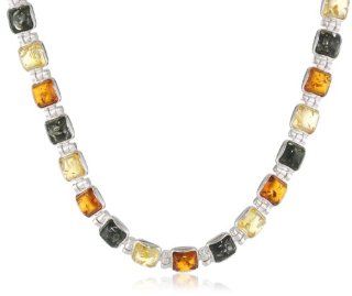 Sterling Silver Multi Color Amber Necklace, 17" Strand Necklaces Jewelry