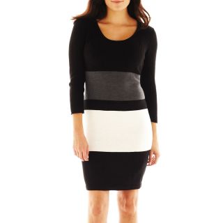 Studio 1 Striped Colorblock Sweater Dress, Black/Grey/Ivory