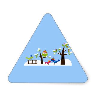 Owl Owls Birds Winter Snow Cute Tree Cartoon Triangle Stickers