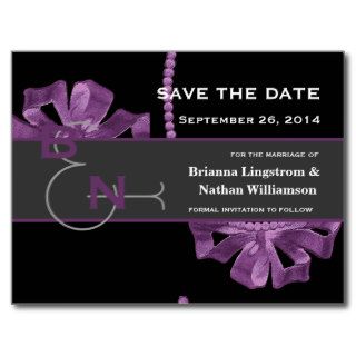Purple Black Vintage Bow and Pearls Save the Date Postcards