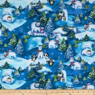 Winter Magic Flannel Allover Bears & Penguins Sky Blue Fabric