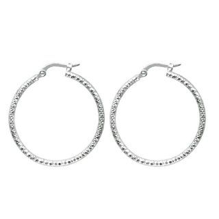14K White Gold 1.5X25mm Polish Textured Hammered Like Sparkle Hoop Earring Jewelry