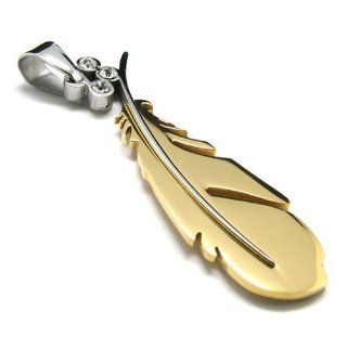 K Mega Jewelry Stainless Steel Gold Feather Mens Pendant Necklace [Jewelry] Jewelry