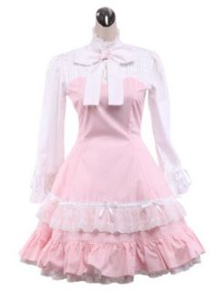 TOMSUIT Pink and White Long Sleeve Lace Trim Back Cross Ribbon Lolita Dress Clothing