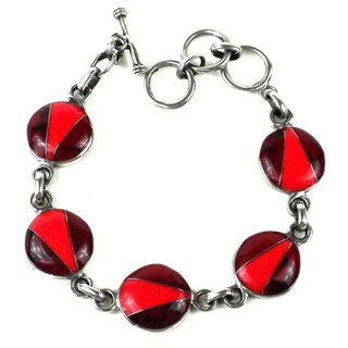 Handcrafted Mexican Alpaca Silver and Red Jasper Disk Bracelet (Mexico) Global Crafts Bracelets
