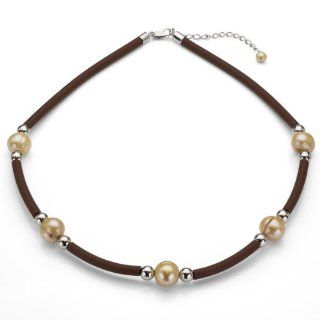 Sterling Silver 9 10mm Golden Cultured Freshwater Pearl and Rondels with Brown Leather Necklace 18"+2" Jewelry