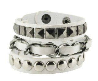 Wide White Leather Metal Chain Layer Bracelet, Punk Bracelet #504 Jewelry