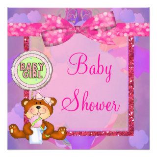 Teddy Bear Girl Glitter Sparkle Baby Shower Invites
