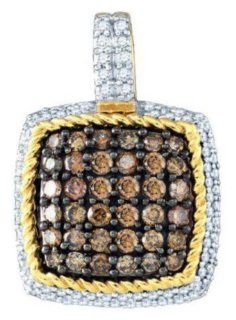 0.82 cttw 10k Yellow Gold Cognac Diamond Square Pendant Chocolate Brown Diamonds Rope Design, Color Of Diamonds Light To Medium Brown Comes With 18" Gold Plated Bonus Chain (Real Diamonds 0.82 cttw) Jewelry