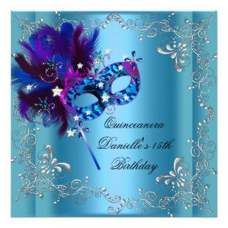 Quinceanera 15th Birthday Party Masquerade Blue Announcements