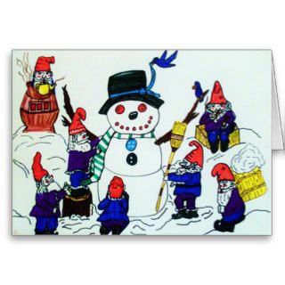 CHRISTMAS,GNOMES BUILD A SNOWMAN  card