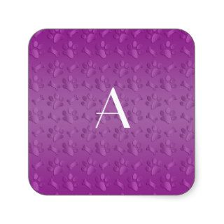 Monogram shiny purple dog paw prints square stickers