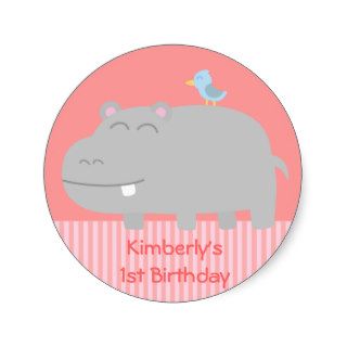 1st Birthday Cute Hippo with Blue Bird Cartoon Stickers