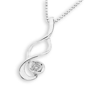 18K White Gold Swirl Curlycue Round Diamond Solitaire Pendant W/925 Sterling Silver Chain 16" (1/10 cttw, G H Color, VS2 SI1 Clarity) Jewelry