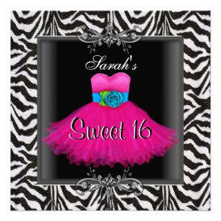 Pink Zebra  Sweet Sixteen 16 Birthday Black Dress Personalized Invites