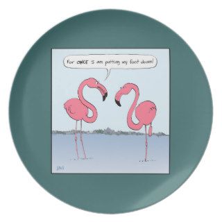 Pink Flamingos Cartoon   Goofy Humor Dinner Plates