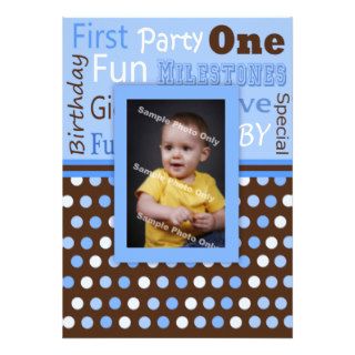 Boy's Blue Polka Dots Baby's First Birthday Photo Custom Invitation