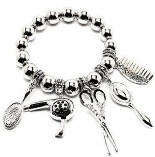 Hair Stylist Stretch Bracelet Bead Crystal Scissor Mirror Comb Dryer Silver Tone Jewelry