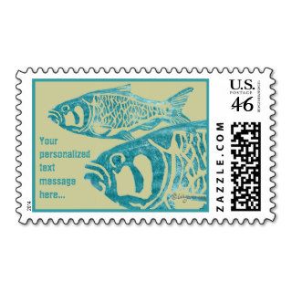 Tan Khaki Blue Fish Lino Block Custom Stamps