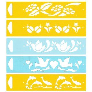Set of 5   6.9" x 1.7" Reusable Flexible Plastic Stencils for Cake Design Decorating Wall Home Furniture Fabric Canvas Decorations Airbrush Drawing Drafting Template   Flowers Ladybird Peace Dove Dolphins Animals   Food Decorating Stencils