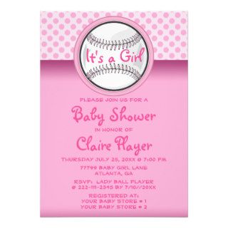 Baseball Fan Player Pink Its A Girl Baby Shower Announcement