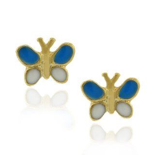 18K Yellow Gold Filled Brass White Blue Butterfly Stud Womens Girls Earrings Jewelry