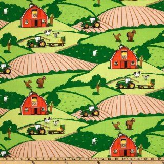 44'' Wide John Deere Nursery Farm Animal Scenic Green Fabric By The Yard