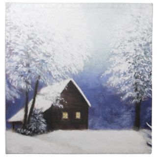 snow cabin winter landscape in pastel cloth napkin