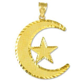 10k Gold Diamond Cut Islamic Charm Crescent Moon and Star Pendant Islamic Jewelry Jewelry