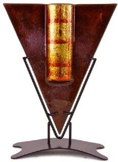 Cressida Glassware 'Golden Fire Series' Triangular Fused Glass Vase with Metal Stand, 12 Inch x 9 Inch  