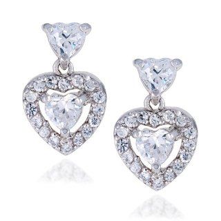 Sterling Silver Cubic Zirconia Heart Shaped Drop Earrings by Cheline Jewelry