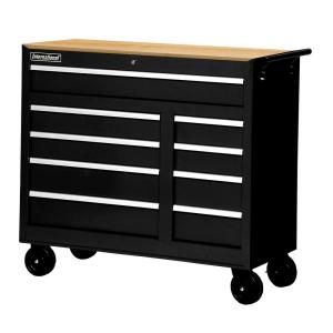 International 42 in. 9 Drawer Ball Bearing Slides Roller Cabinet with Hard Wood Top in Black WRB 4209WTBK