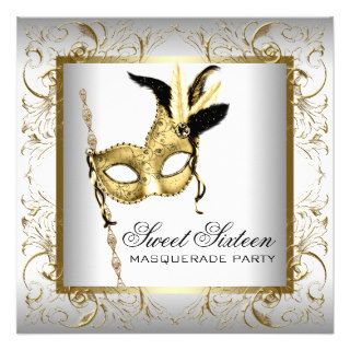 Gold Black White Sweet Sixteen Masquerade Party Invites