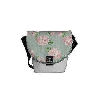 Pink and Mint Vintage Roses Pattern Monogrammed Courier Bags
