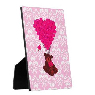 Bear & heart balloons on pink damask display plaque