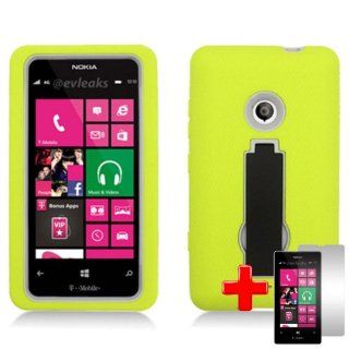 Nokia Lumia 521 (T Mobile) 2 Piece Silicon Soft Skin Hard Plastic Kickstand Case Cover, Neon Green/Black + LCD Clear Screen Saver Protector Cell Phones & Accessories
