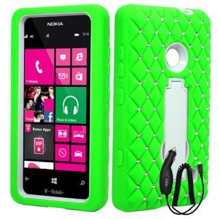 NOKIA LUMIA 521 GREEN WHITE BLING GEM HYBRID KICKSTAND COVER HARD GEL CASE + FREE CAR CHARGER from [ACCESSORY ARENA] Cell Phones & Accessories