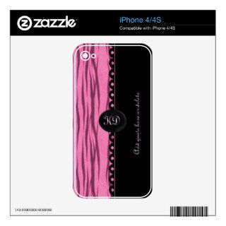 Pink Zebra Print   Customize Monogram iPhone 4S Skin