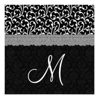Black and White Swirl Damask Monogram Wedding Invite