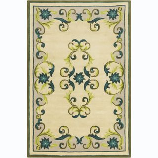 Green and Cream Allie Handmade Floral Wool Rug (5' x 7'6") Filament 5x8   6x9 Rugs