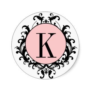 Black White Wedding Monogram K Damask Pink Label Stickers
